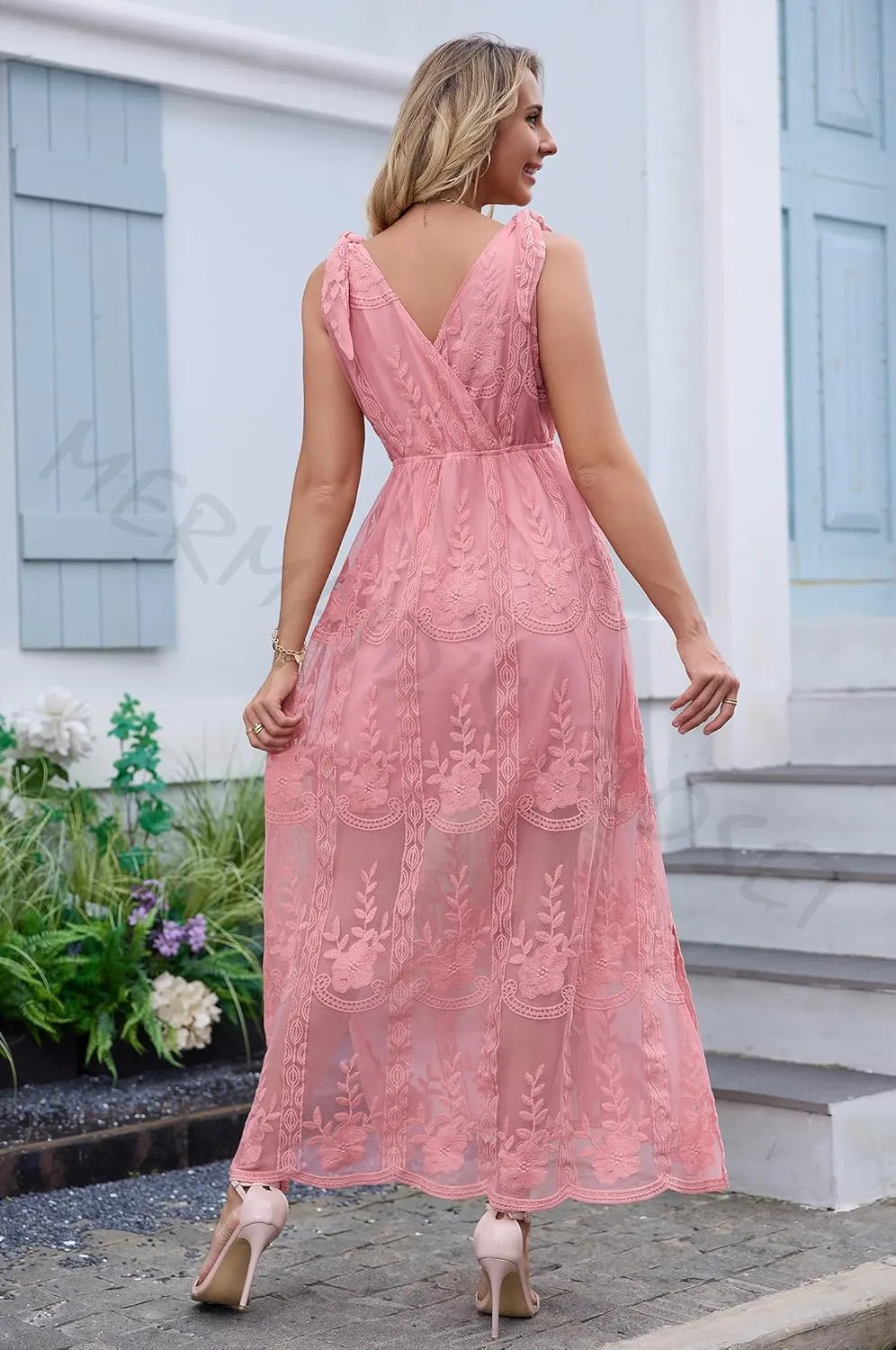 Women's V Neck Tie Strap Embroidered Lace Maxi Wedding Dress Boho Sleeveless V-Back Wedding Guest Party Dresses