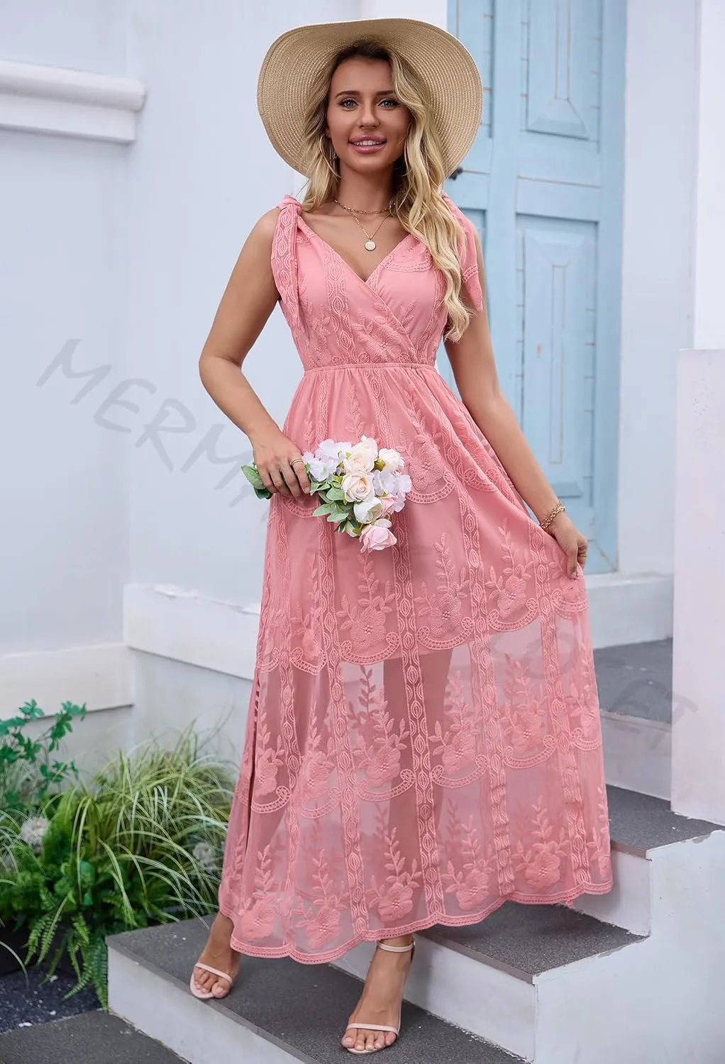 Women's V Neck Tie Strap Embroidered Lace Maxi Wedding Dress Boho Sleeveless V-Back Wedding Guest Party Dresses