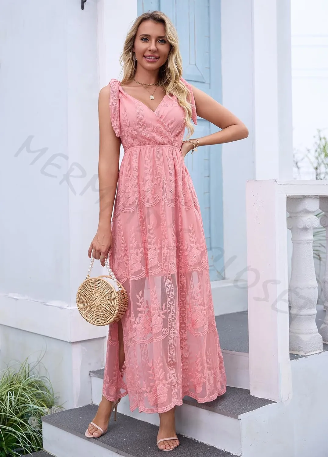 Women's V Neck Tie Strap Embroidered Lace Maxi Wedding Dress Boho Sleeveless V-Back Wedding Guest Party Dresses