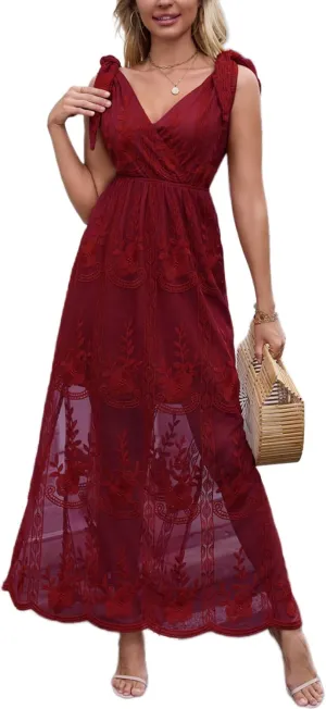 Women's V Neck Tie Strap Embroidered Lace Maxi Wedding Dress Boho Sleeveless V-Back Wedding Guest Party Dresses
