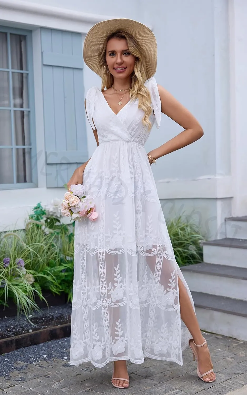 Women's V Neck Tie Strap Embroidered Lace Maxi Wedding Dress Boho Sleeveless V-Back Wedding Guest Party Dresses