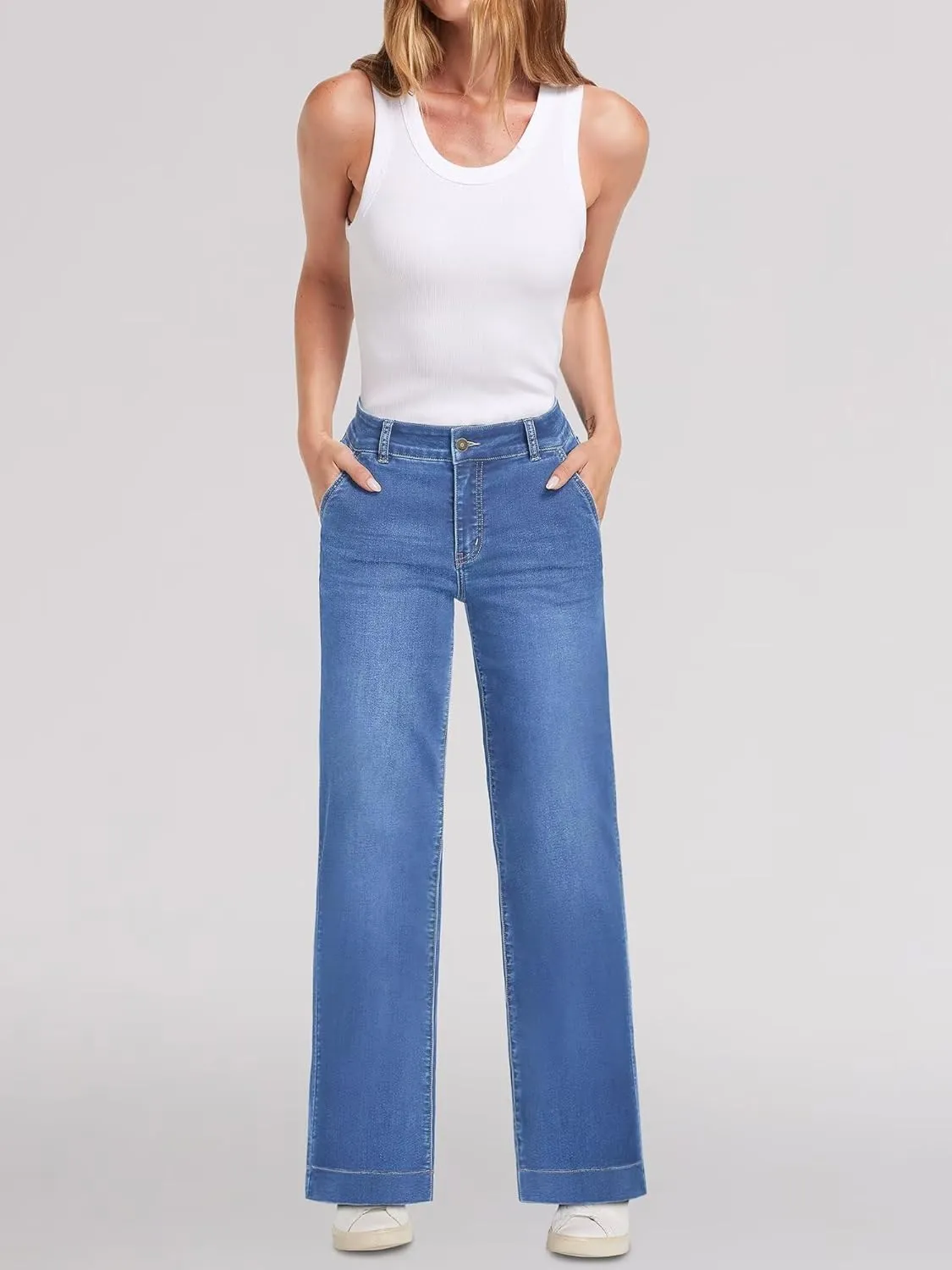 Womens Wide Leg Jeans - Deep Front Pockets High Waisted Jeans, Stretchy Baggy Straight Leg Jean for Women