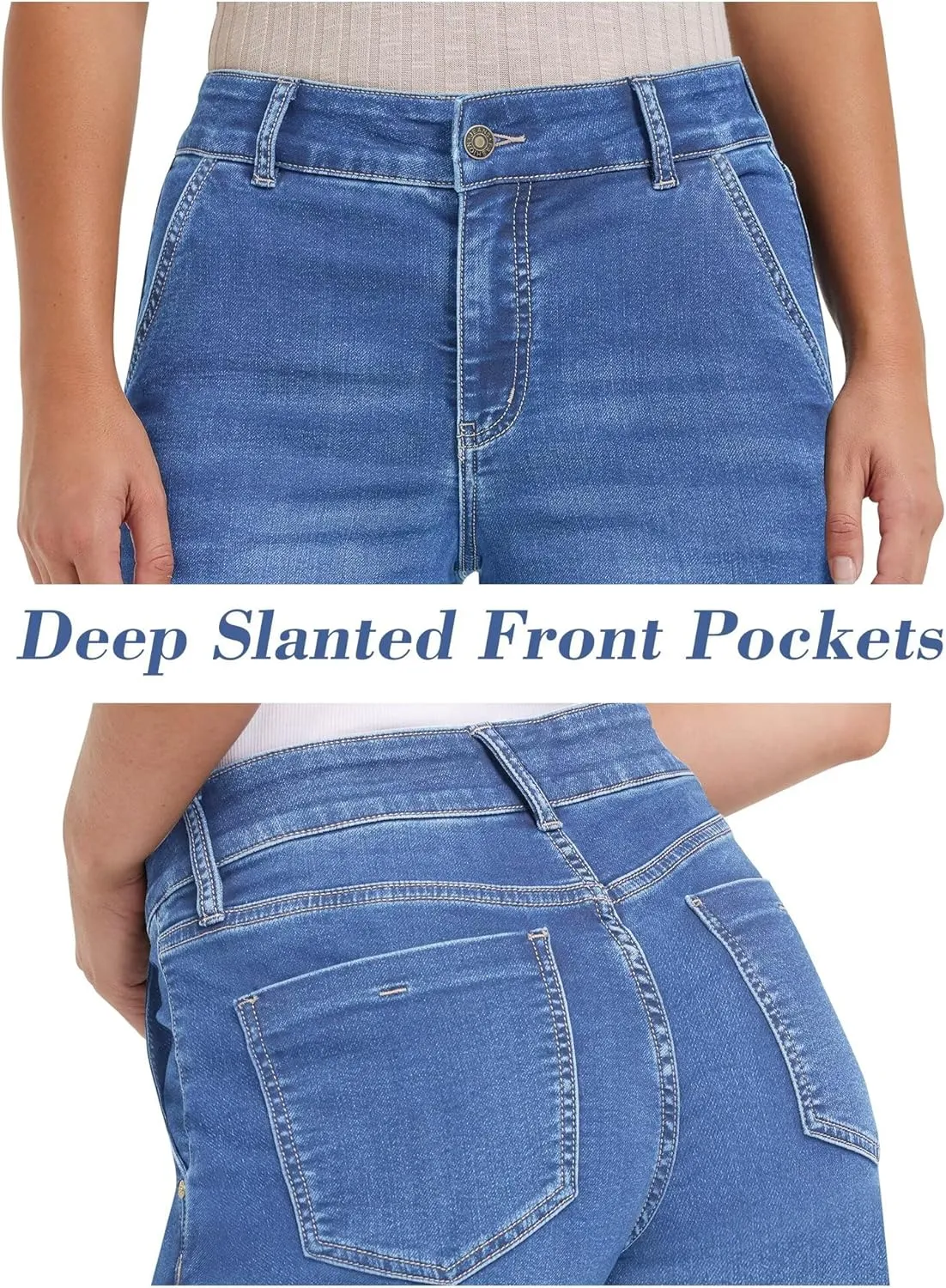 Womens Wide Leg Jeans - Deep Front Pockets High Waisted Jeans, Stretchy Baggy Straight Leg Jean for Women