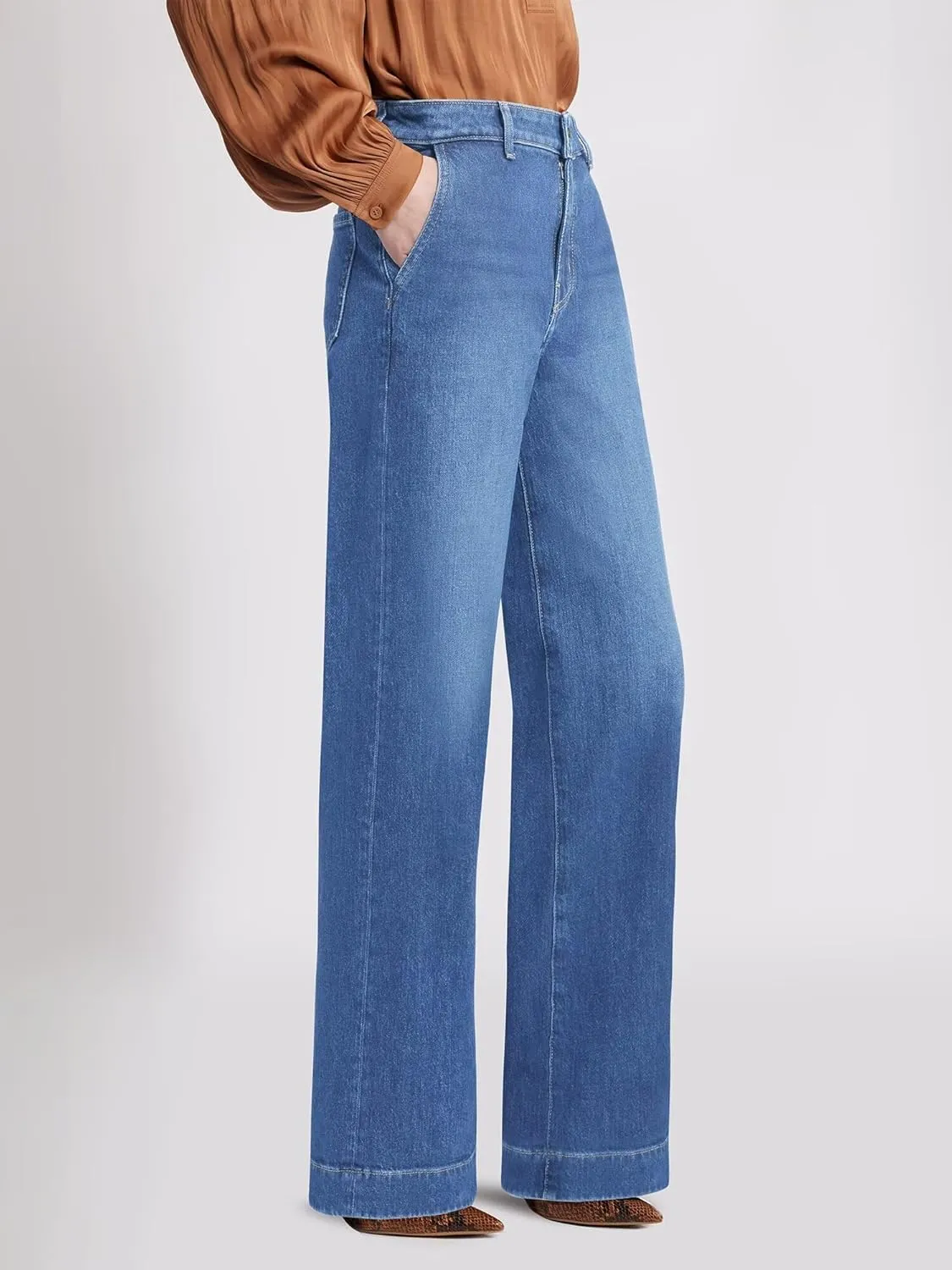 Womens Wide Leg Jeans - Deep Front Pockets High Waisted Jeans, Stretchy Baggy Straight Leg Jean for Women