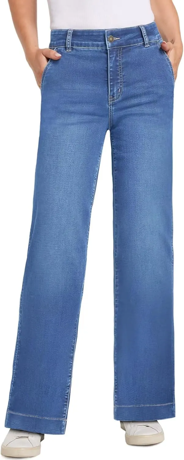 Womens Wide Leg Jeans - Deep Front Pockets High Waisted Jeans, Stretchy Baggy Straight Leg Jean for Women