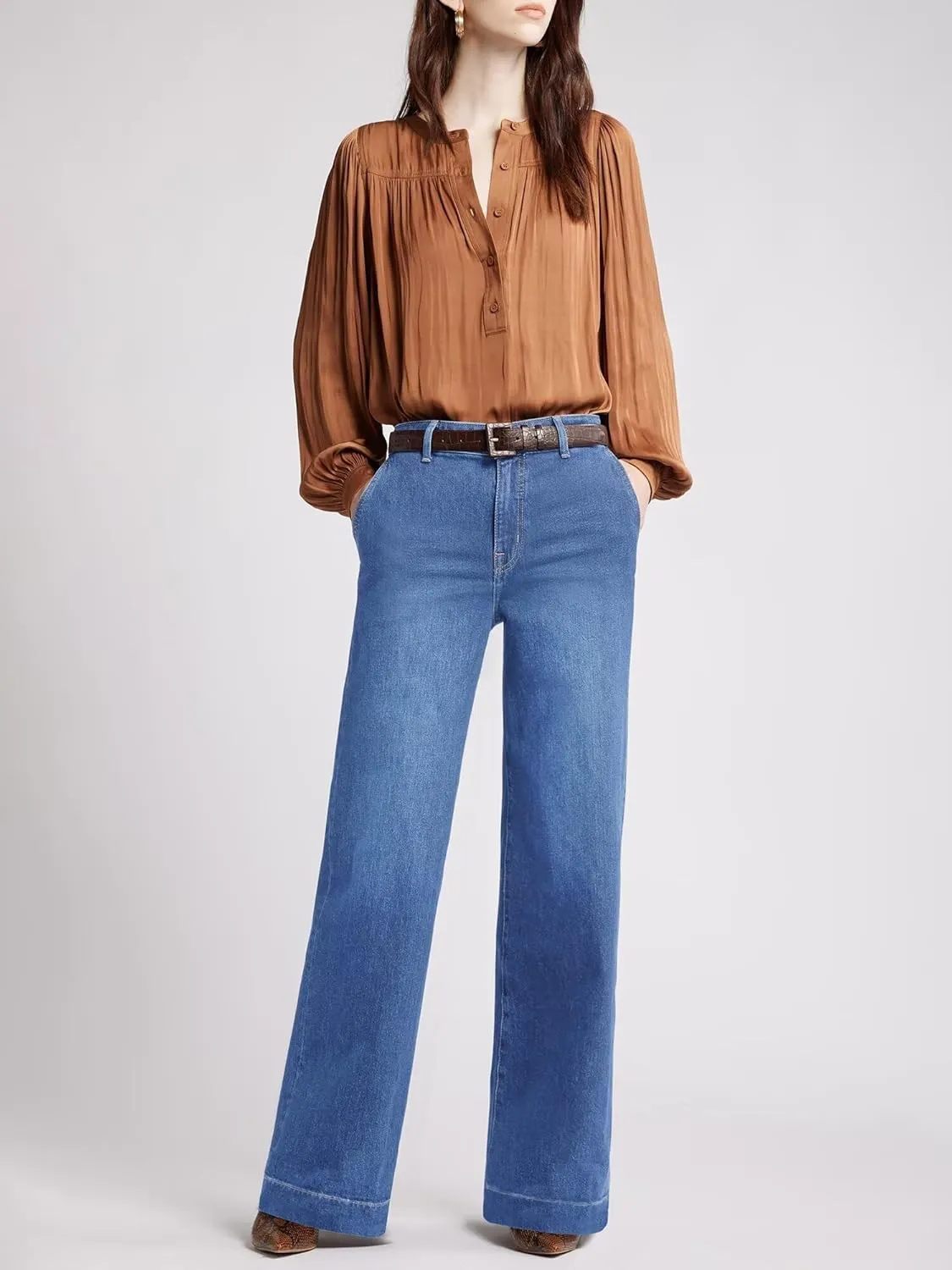 Womens Wide Leg Jeans - Deep Front Pockets High Waisted Jeans, Stretchy Baggy Straight Leg Jean for Women