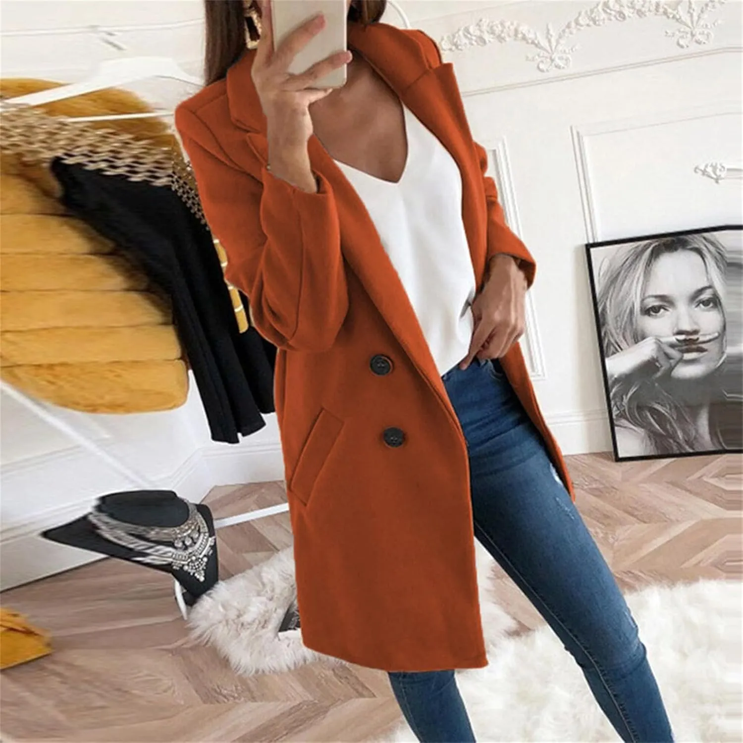 Womens Wool Coats Mid Length Double Breasted Trench Coat Business Casual Blazer Peacoat Jacket Fall Winter Fashion