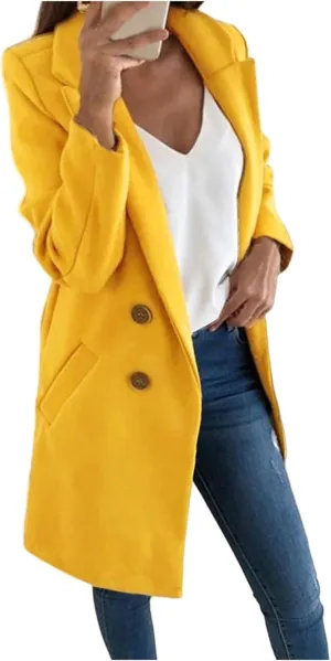 Womens Wool Coats Mid Length Double Breasted Trench Coat Business Casual Blazer Peacoat Jacket Fall Winter Fashion