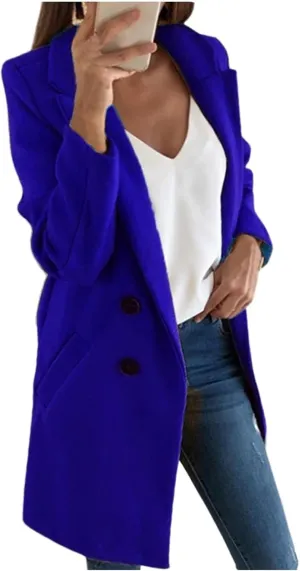 Womens Wool Coats Mid Length Double Breasted Trench Coat Business Casual Blazer Peacoat Jacket Fall Winter Fashion