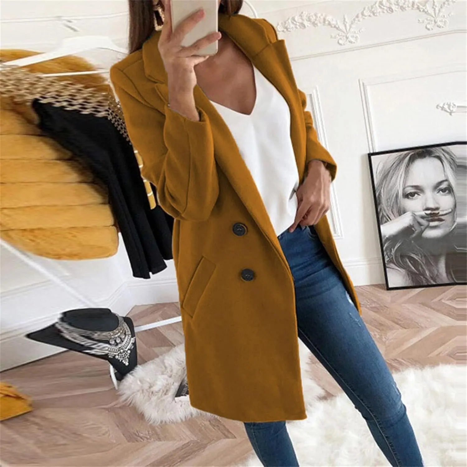 Womens Wool Coats Mid Length Double Breasted Trench Coat Business Casual Blazer Peacoat Jacket Fall Winter Fashion