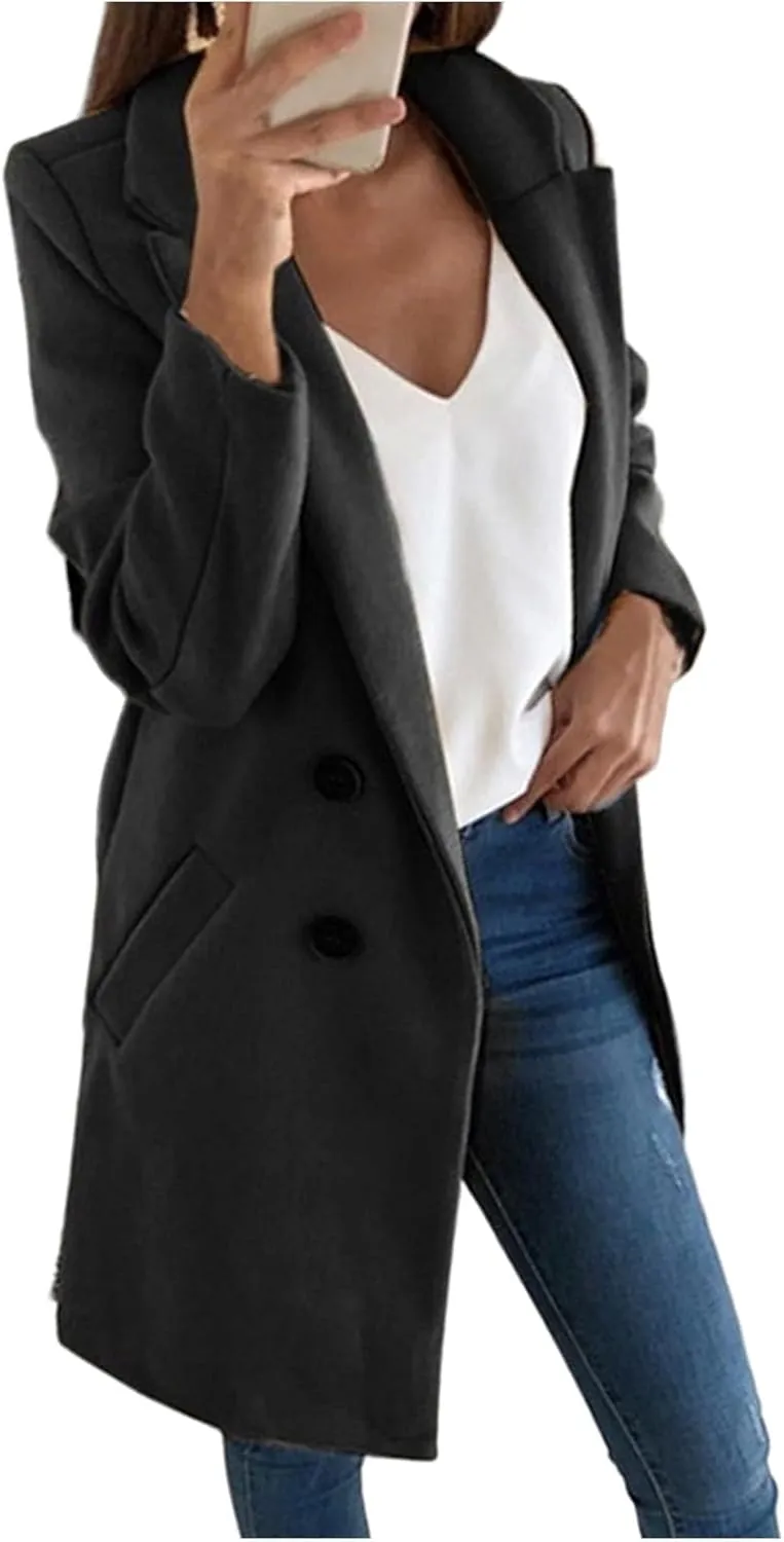Womens Wool Coats Mid Length Double Breasted Trench Coat Business Casual Blazer Peacoat Jacket Fall Winter Fashion