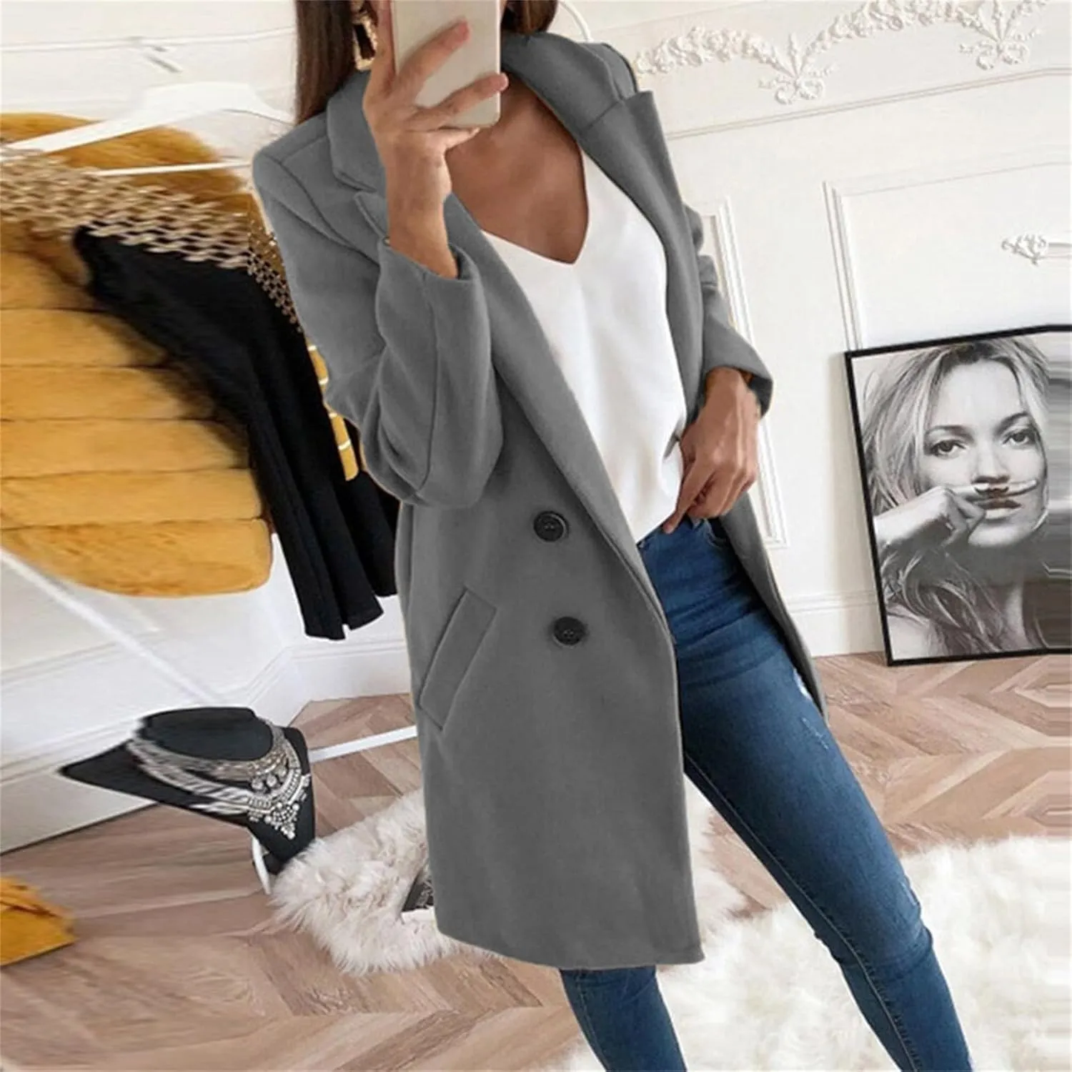 Womens Wool Coats Mid Length Double Breasted Trench Coat Business Casual Blazer Peacoat Jacket Fall Winter Fashion
