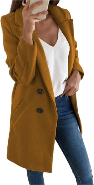 Womens Wool Coats Mid Length Double Breasted Trench Coat Business Casual Blazer Peacoat Jacket Fall Winter Fashion