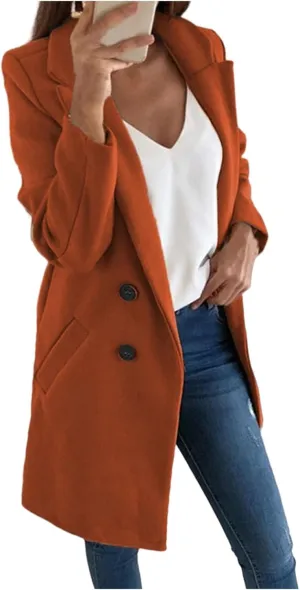 Womens Wool Coats Mid Length Double Breasted Trench Coat Business Casual Blazer Peacoat Jacket Fall Winter Fashion