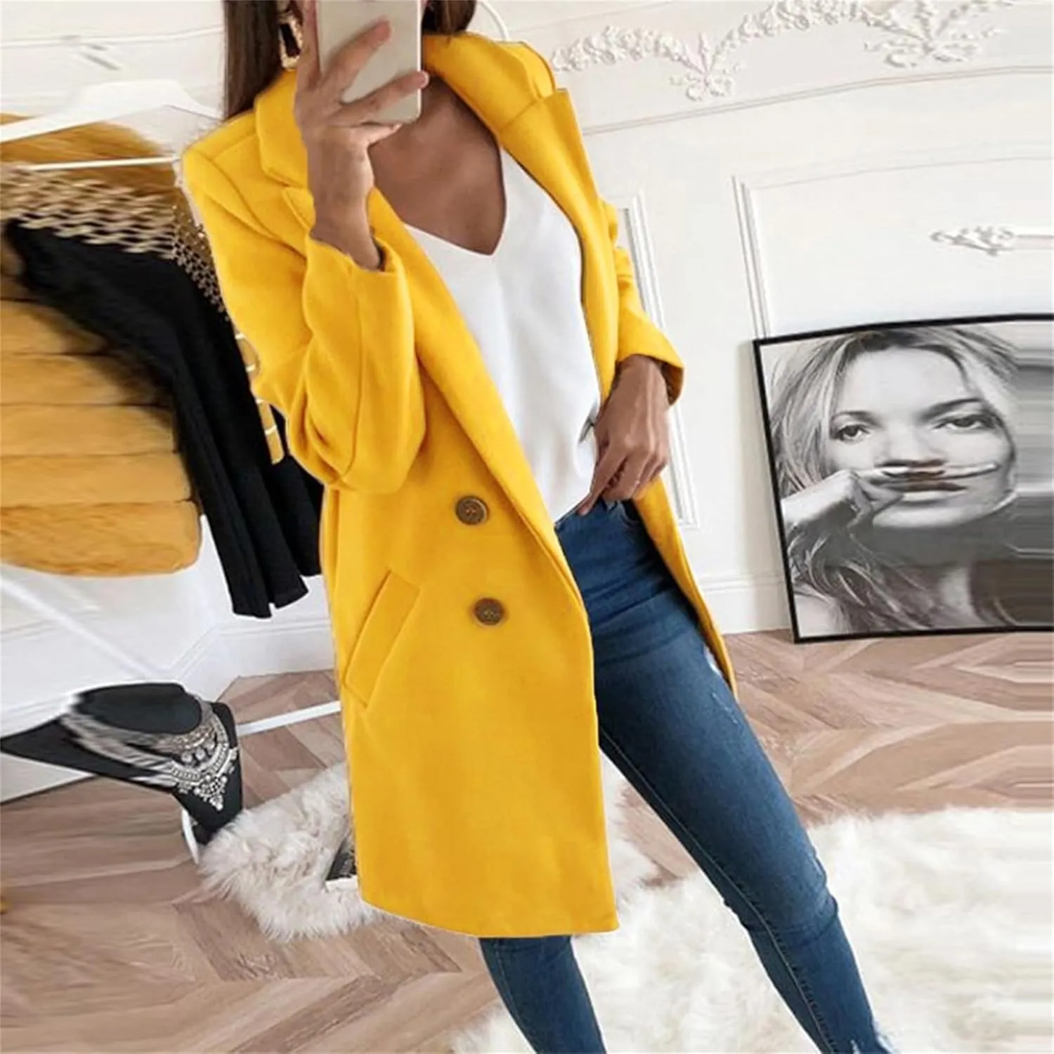 Womens Wool Coats Mid Length Double Breasted Trench Coat Business Casual Blazer Peacoat Jacket Fall Winter Fashion