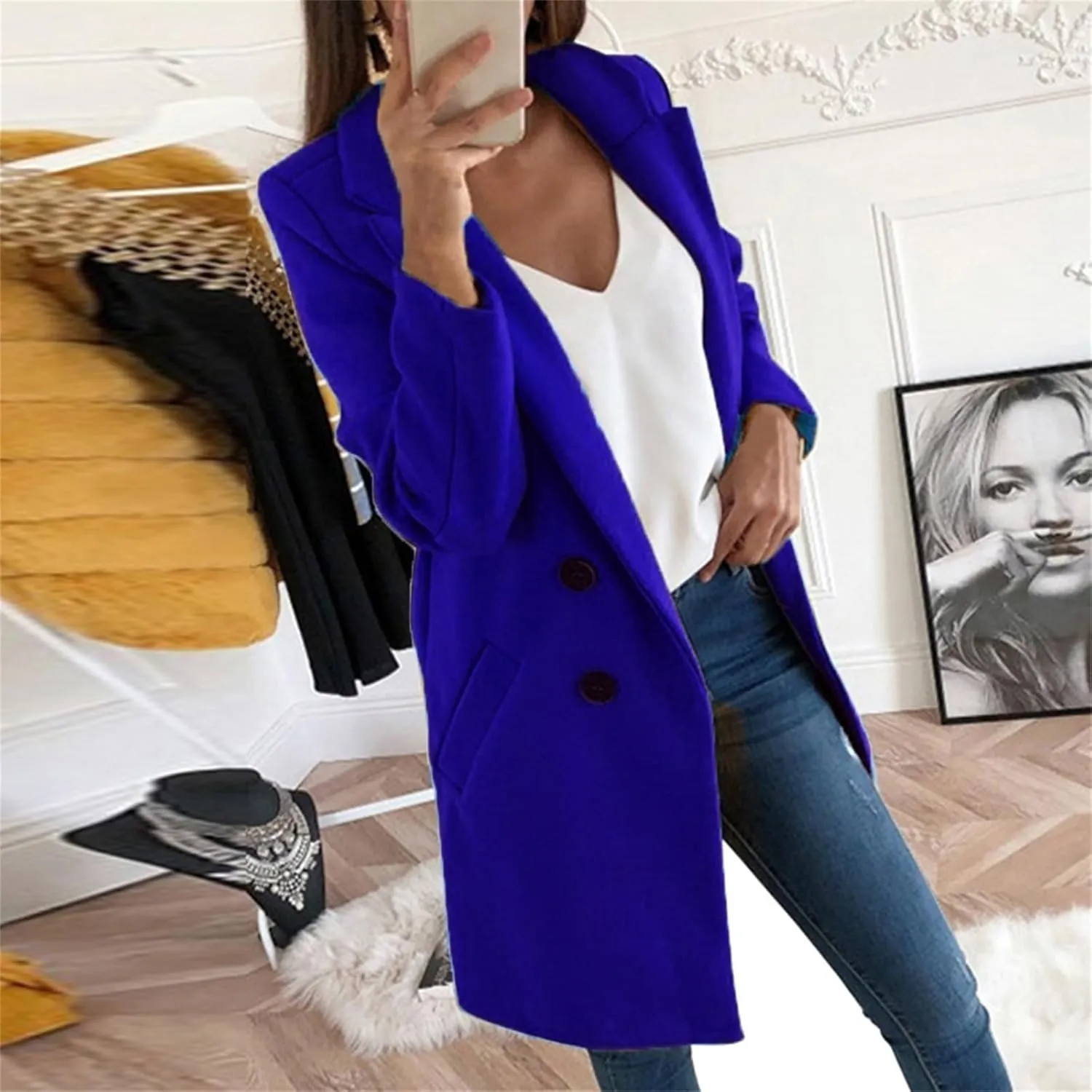 Womens Wool Coats Mid Length Double Breasted Trench Coat Business Casual Blazer Peacoat Jacket Fall Winter Fashion