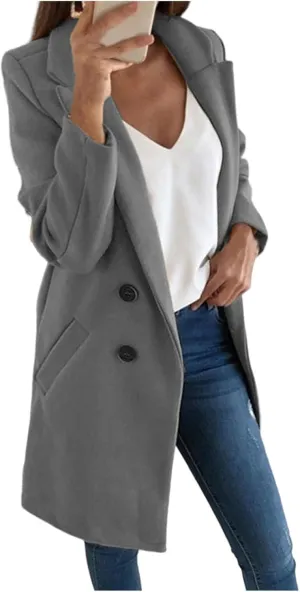Womens Wool Coats Mid Length Double Breasted Trench Coat Business Casual Blazer Peacoat Jacket Fall Winter Fashion