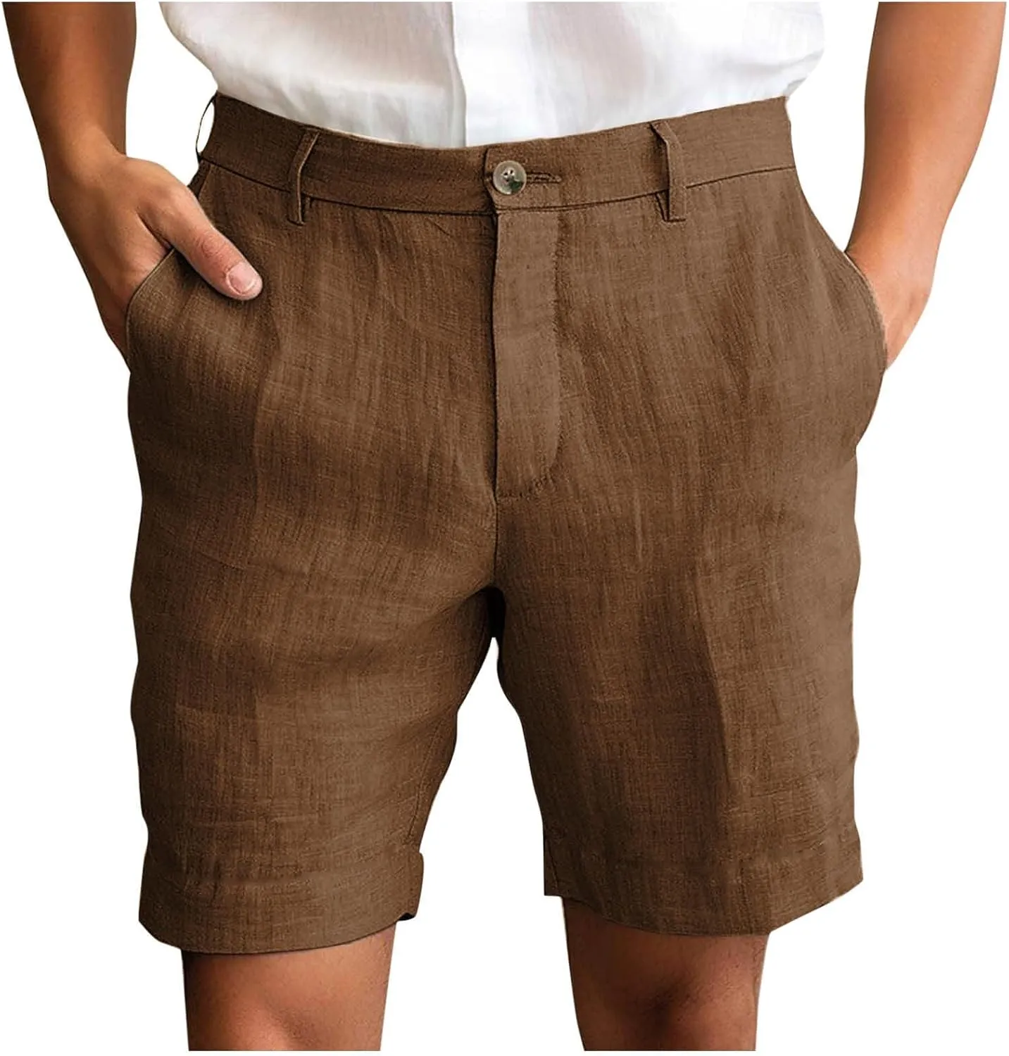 Xiaojmake Mens Linen Short Solid Summer Flat Front Casual Bermuda Shorts Button High Waisted Pleated Dress Short with Pockets