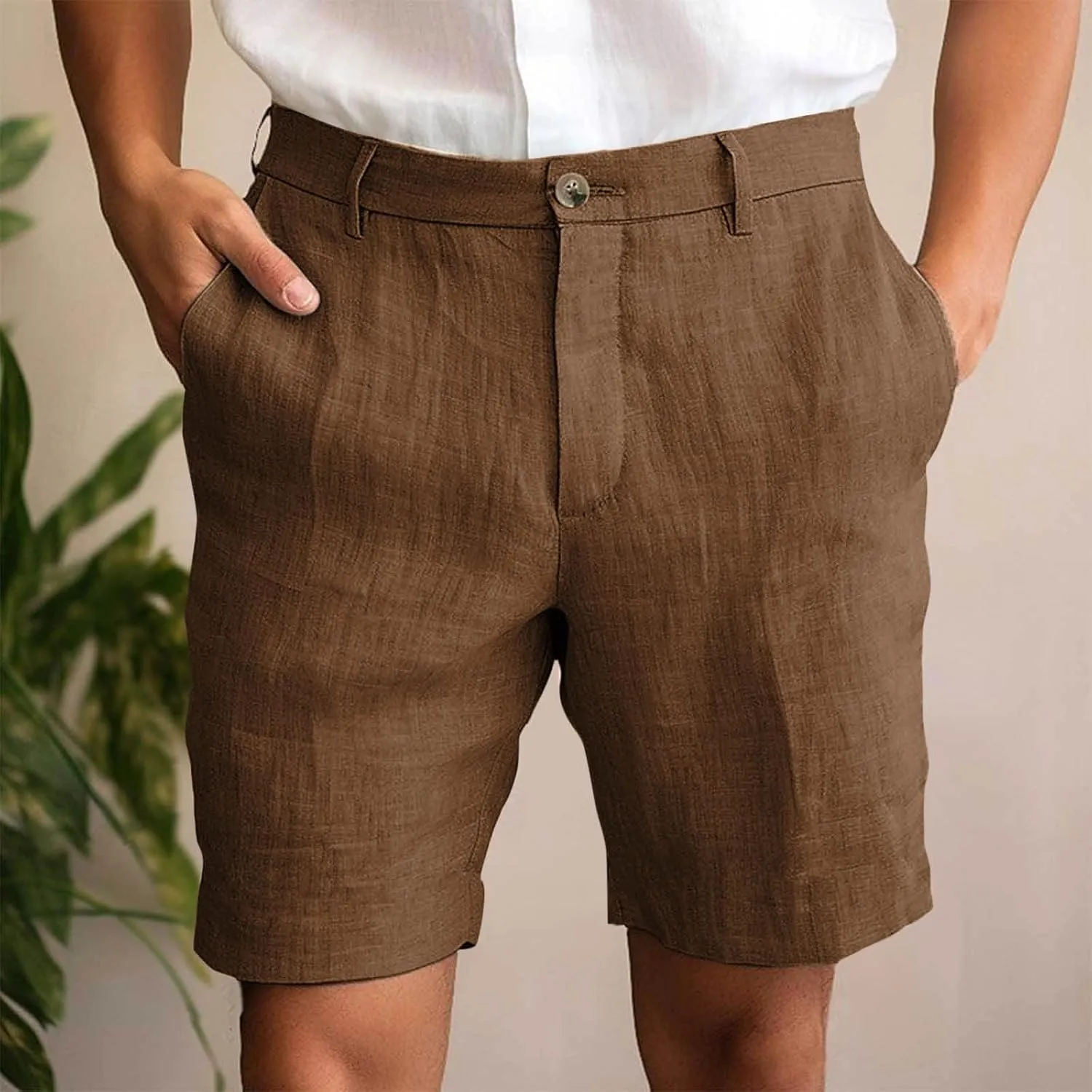 Xiaojmake Mens Linen Short Solid Summer Flat Front Casual Bermuda Shorts Button High Waisted Pleated Dress Short with Pockets