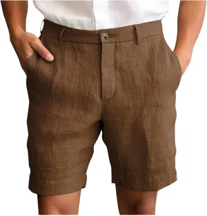 Xiaojmake Mens Linen Short Solid Summer Flat Front Casual Bermuda Shorts Button High Waisted Pleated Dress Short with Pockets