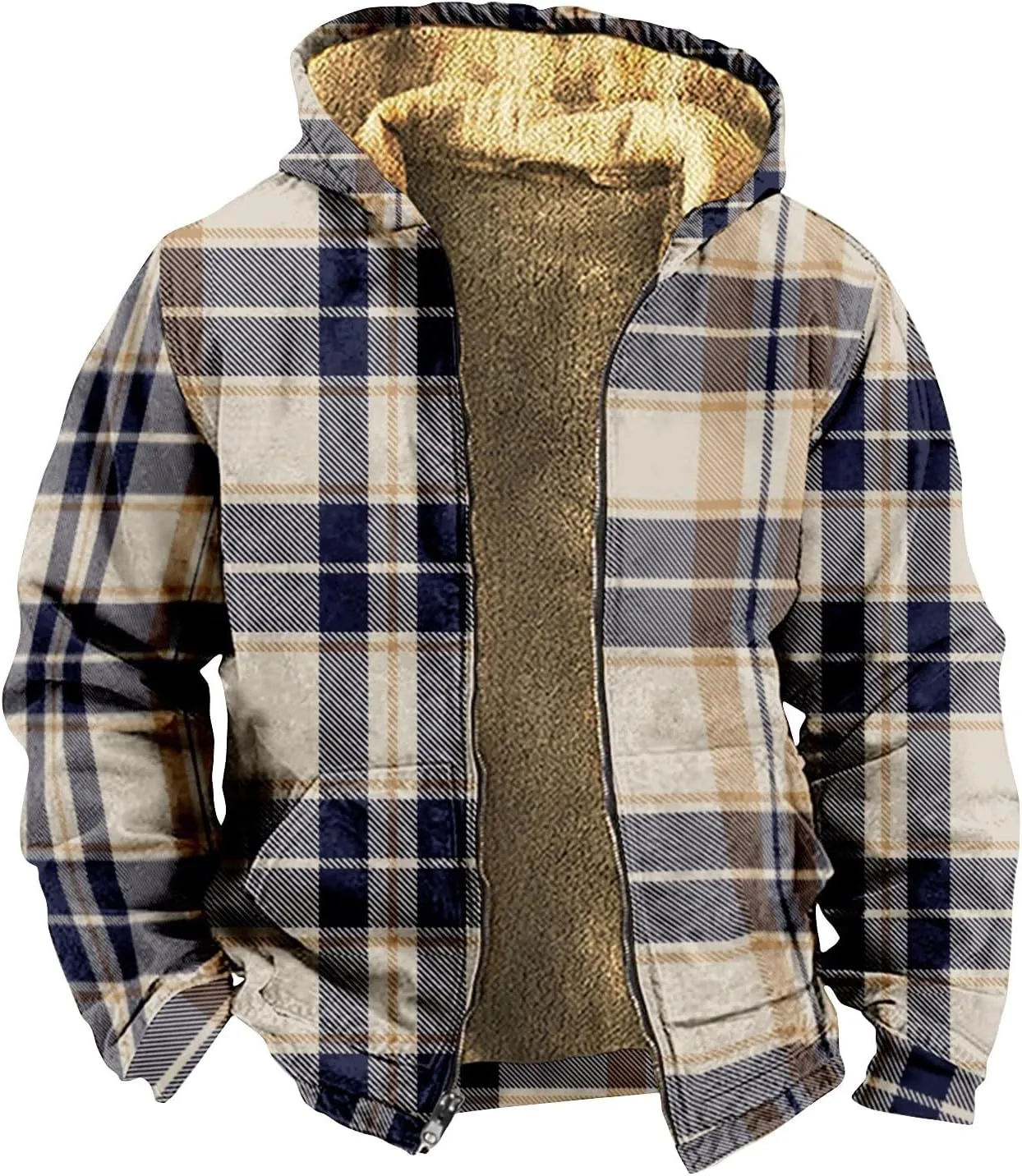 XIAXOGOOL Winter Jackets Big Tall Mens Full Zip Fleece Sweatshirt Flannel Sherpa Lined Shirt Jacket Plaid Cotton Hoodies Coat