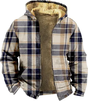 XIAXOGOOL Winter Jackets Big Tall Mens Full Zip Fleece Sweatshirt Flannel Sherpa Lined Shirt Jacket Plaid Cotton Hoodies Coat