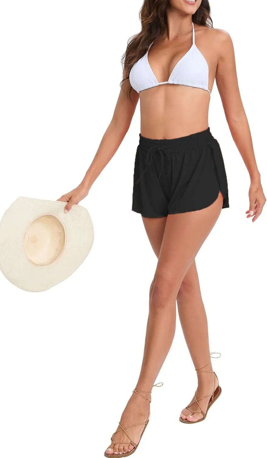Yilisha Womens Drawstring Swim Shorts High Waisted Board Shorts Black Bathing Suit Bottoms Workout Shorts Swimsuit