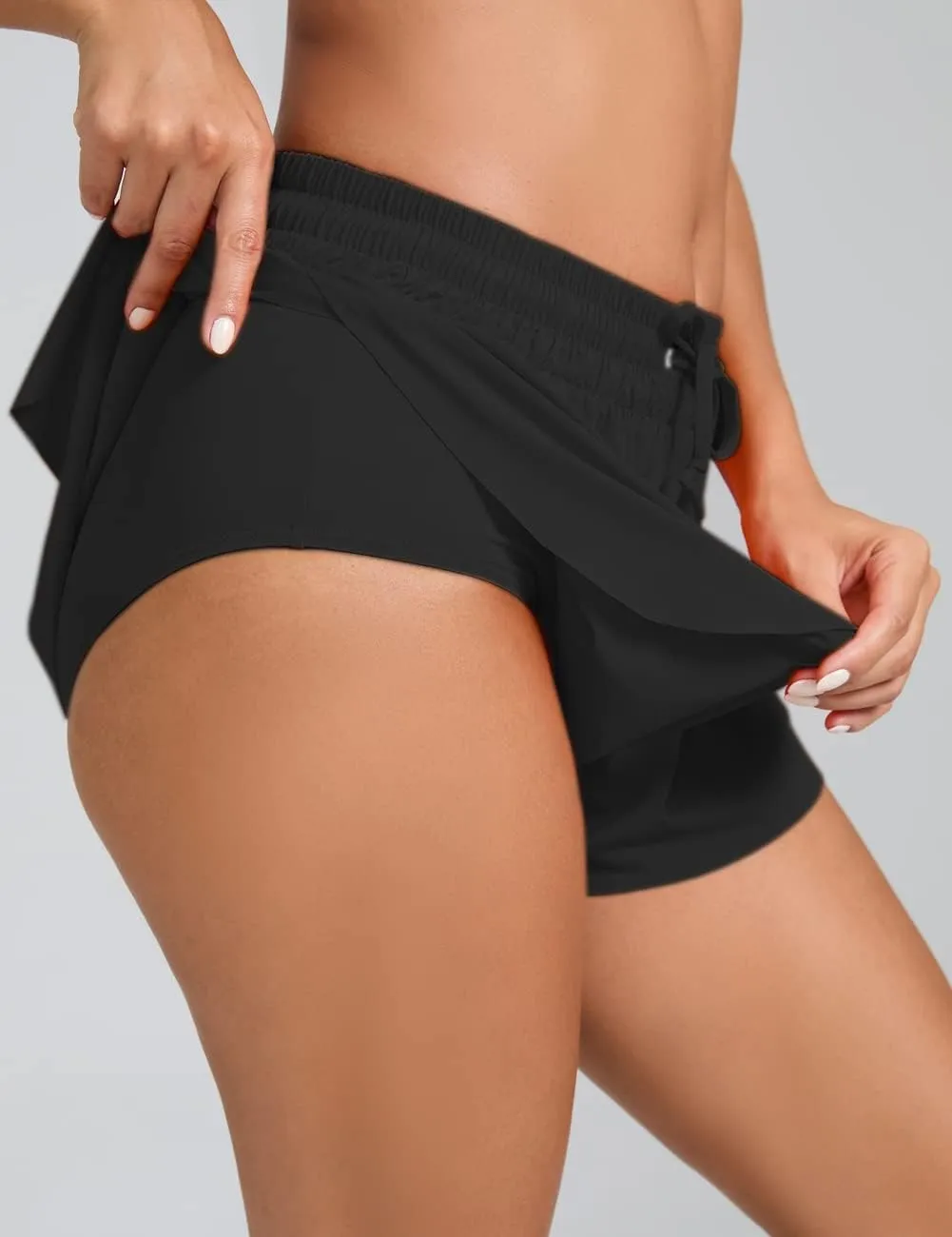 Yilisha Womens Drawstring Swim Shorts High Waisted Board Shorts Black Bathing Suit Bottoms Workout Shorts Swimsuit