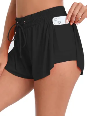 Yilisha Womens Drawstring Swim Shorts High Waisted Board Shorts Black Bathing Suit Bottoms Workout Shorts Swimsuit