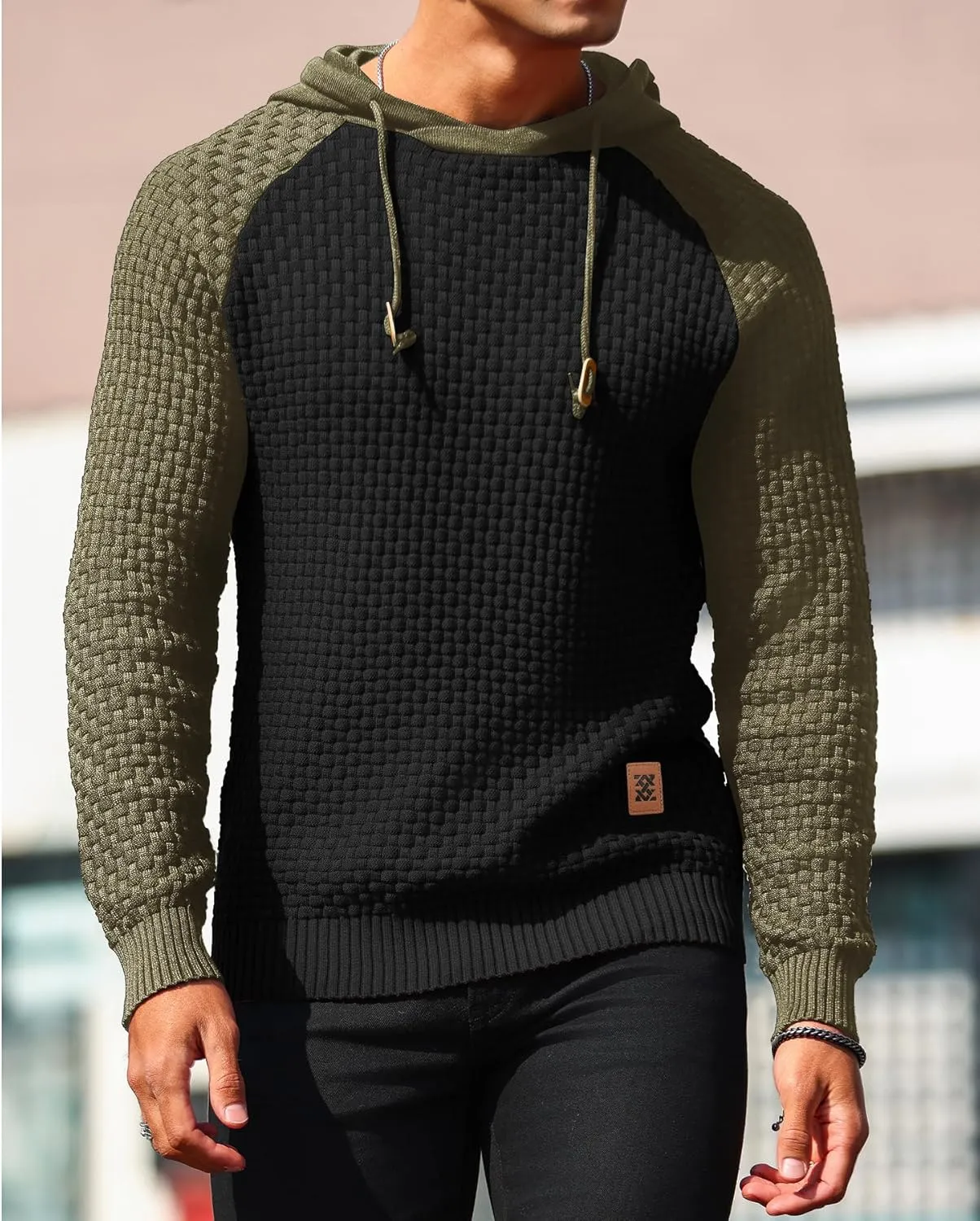Zaitun Mens Hooded Sweatshirt Long Sleeve Solid Knitted Hoodie Pullover Sweater