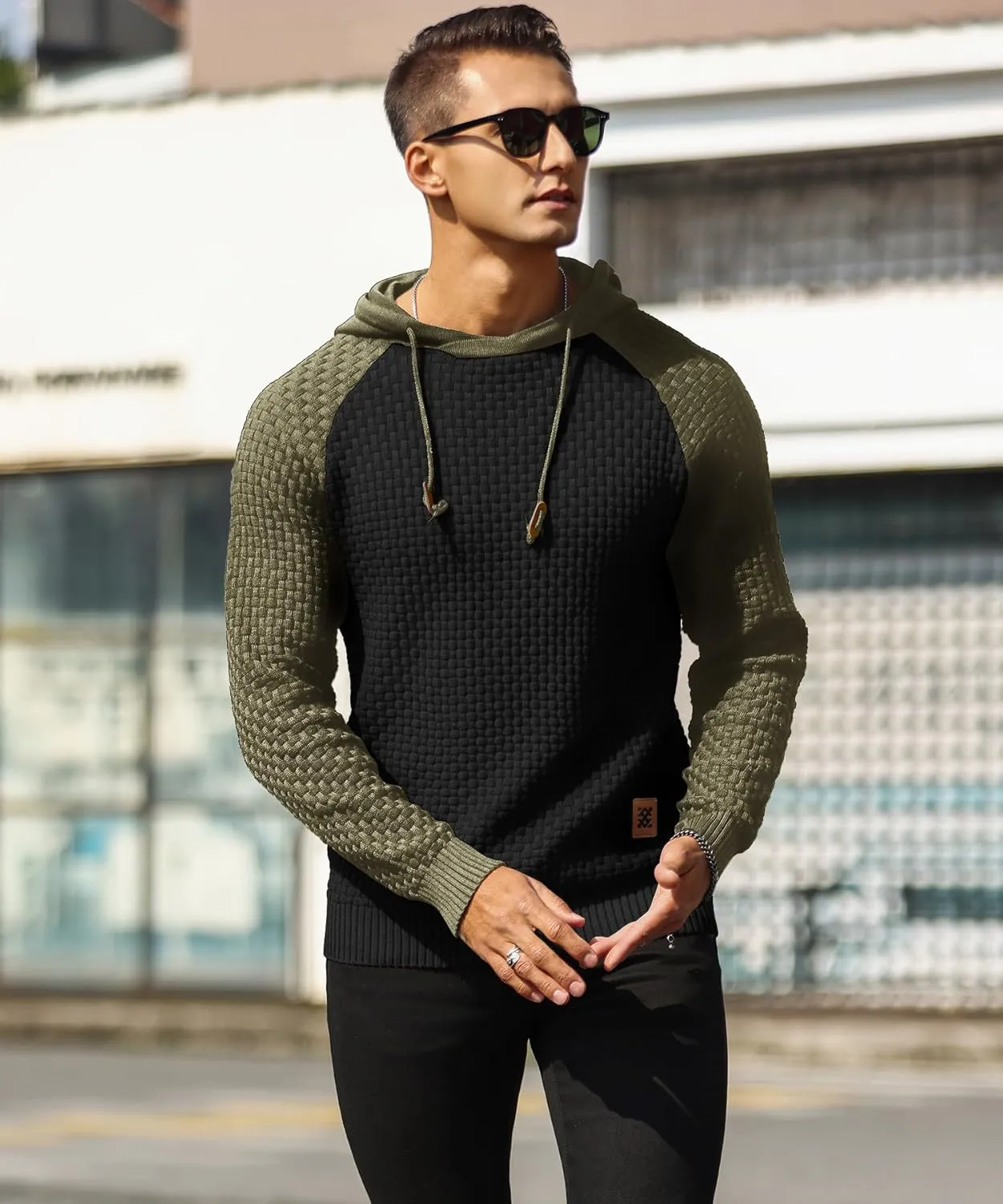 Zaitun Mens Hooded Sweatshirt Long Sleeve Solid Knitted Hoodie Pullover Sweater