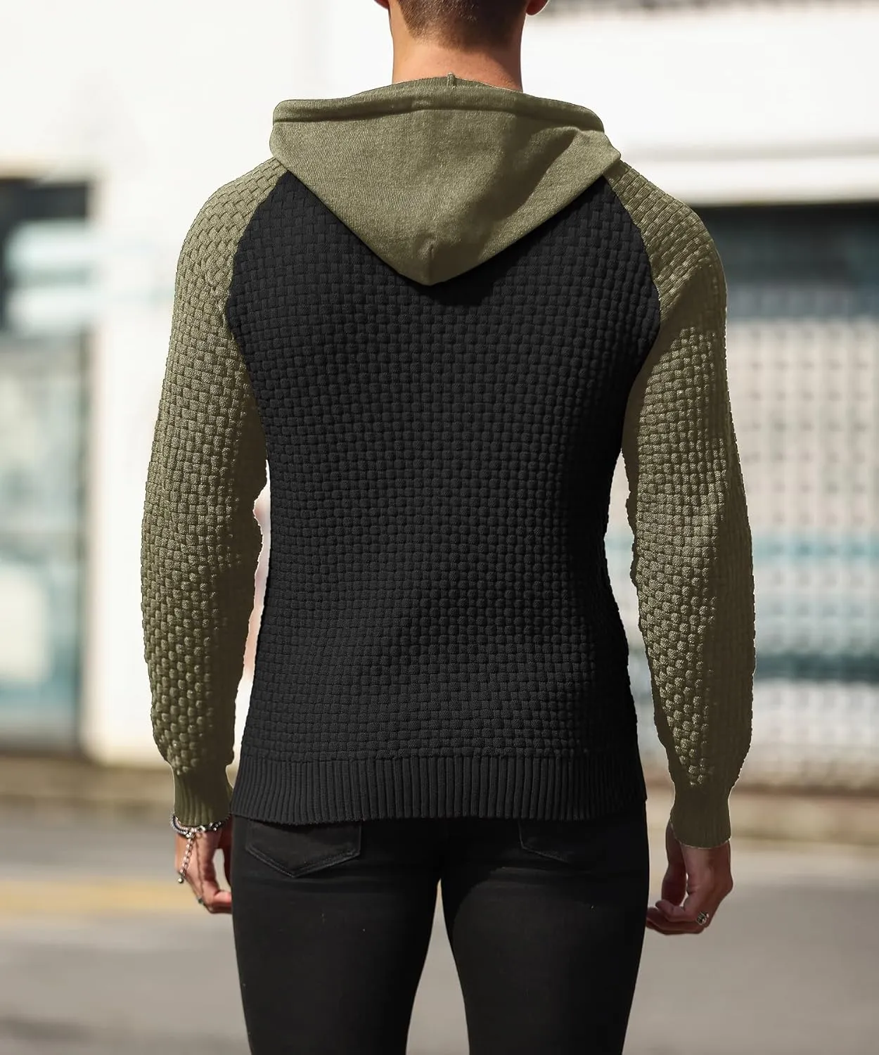 Zaitun Mens Hooded Sweatshirt Long Sleeve Solid Knitted Hoodie Pullover Sweater