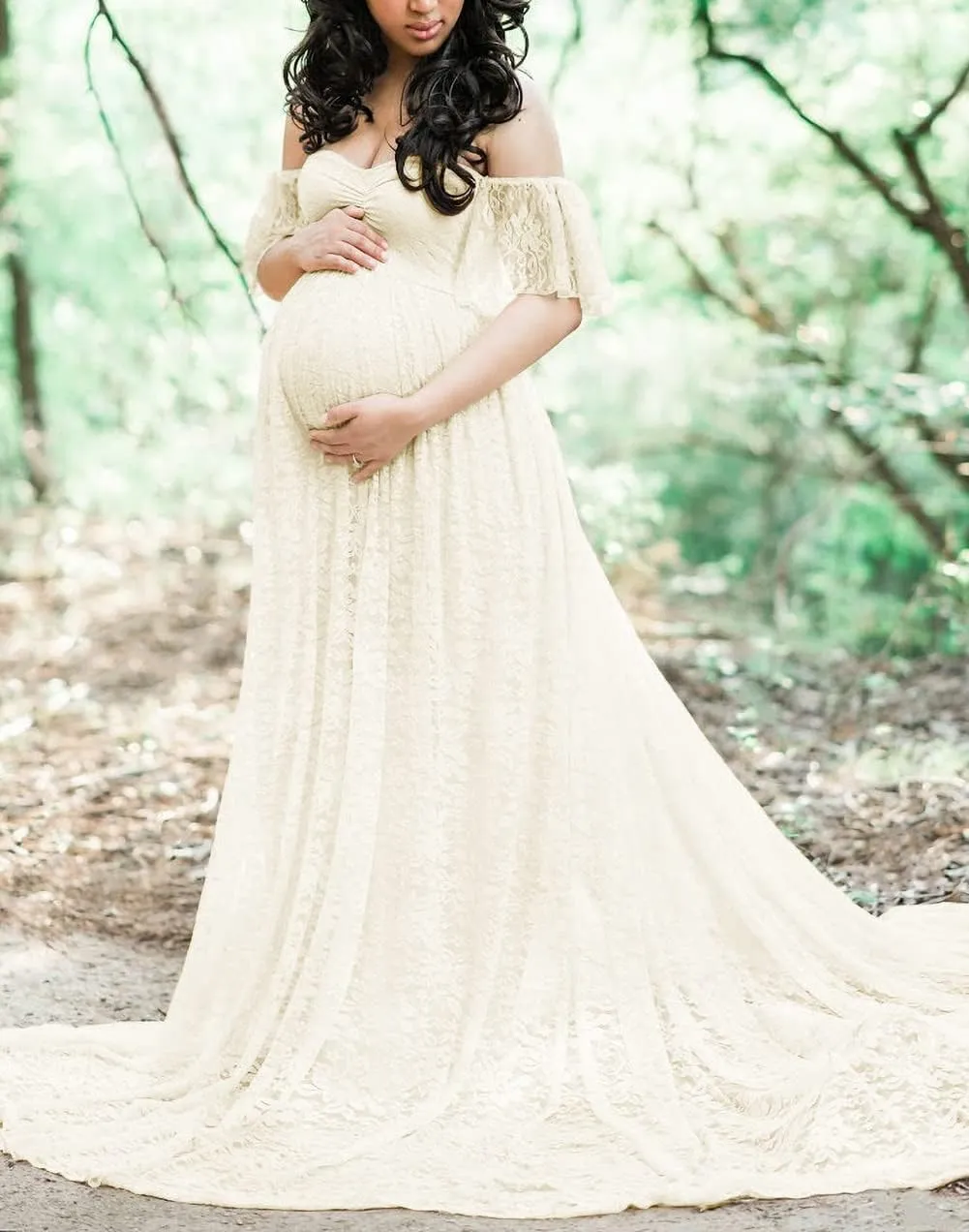ZIUMUDY Photography Maternity Dress Off Shoulder Lace Baby Shower Pregnant Wedding Dress