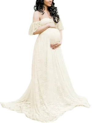 ZIUMUDY Photography Maternity Dress Off Shoulder Lace Baby Shower Pregnant Wedding Dress