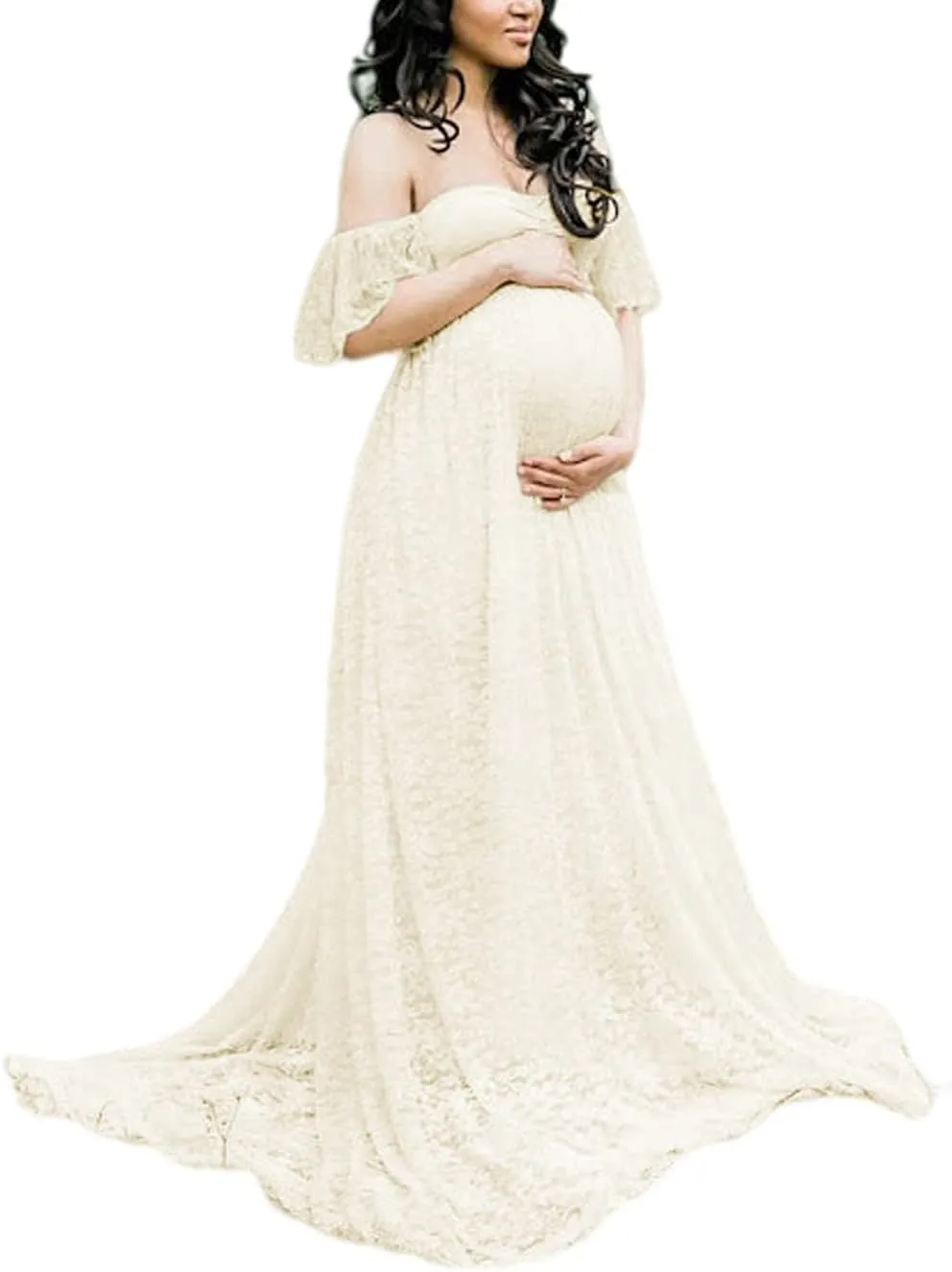 ZIUMUDY Photography Maternity Dress Off Shoulder Lace Baby Shower Pregnant Wedding Dress